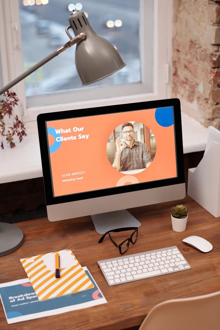 services-04 Stylish home office setup with computer showcasing client testimonials.